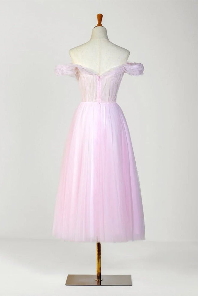 Sweetheart Neck Off the Shoulder Tea Length Tulle Prom Dress