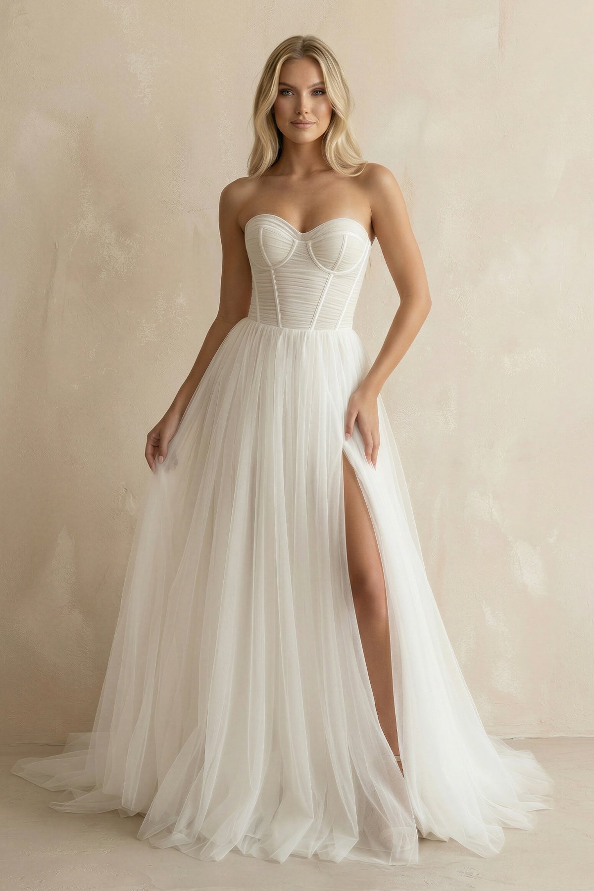 Romantic A-Line Sweetheart Tulle Beach Wedding Dresses with Slit, Diamond White / Custom size Romantic A-Line Sweetheart Tulle Beach Wedding Dresses with Slit, Diamond White / Custom size