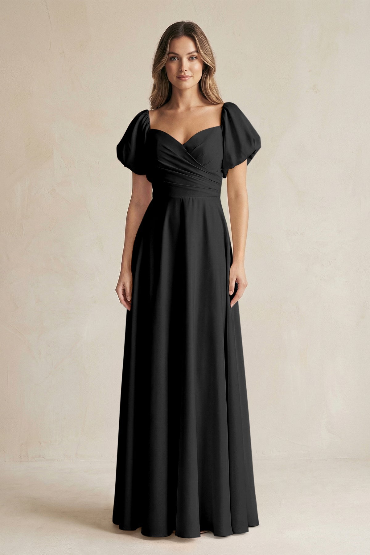 KissProm Sweetheart Puff Sleeve A-Line Chiffon Bridesmaid Dress in Black, Black / 22