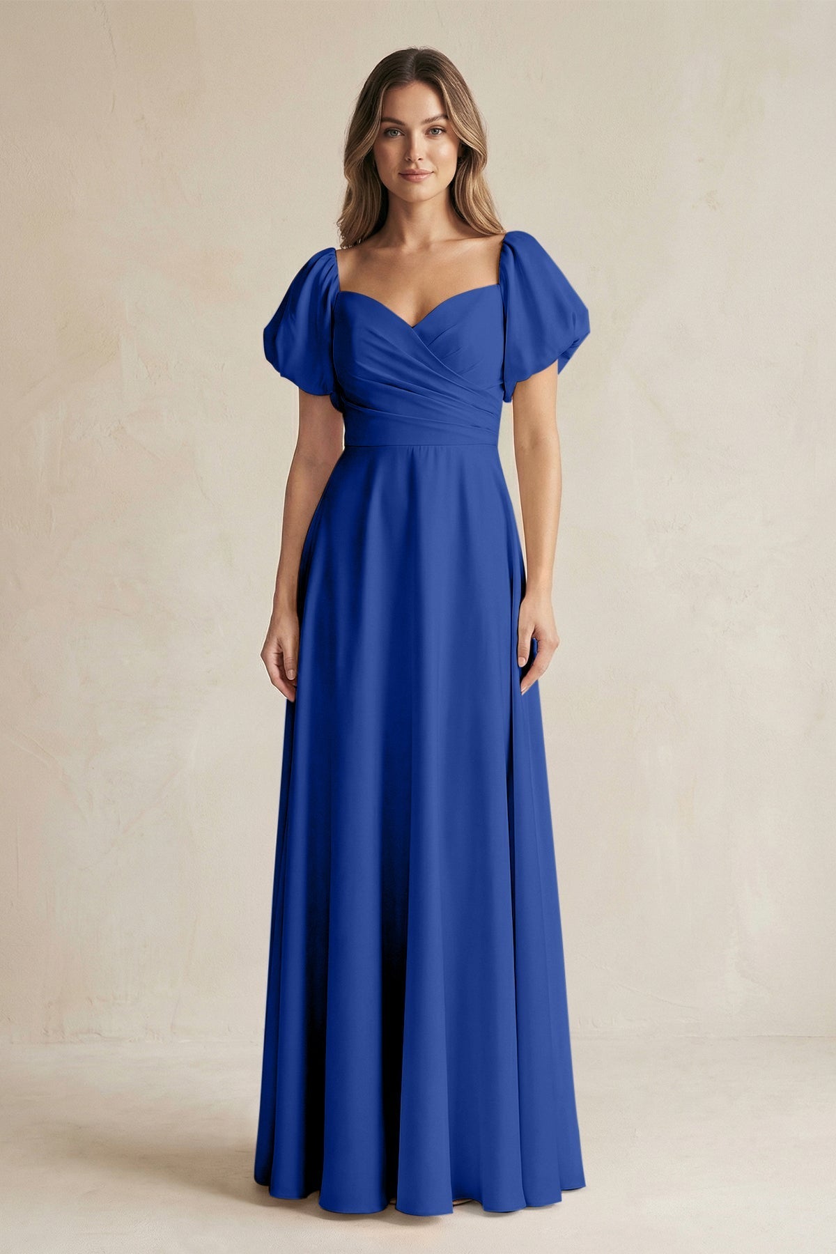 KissProm Sweetheart Puff Sleeve A-Line Chiffon Bridesmaid Dress in Royal Blue, Royal Blue / 22