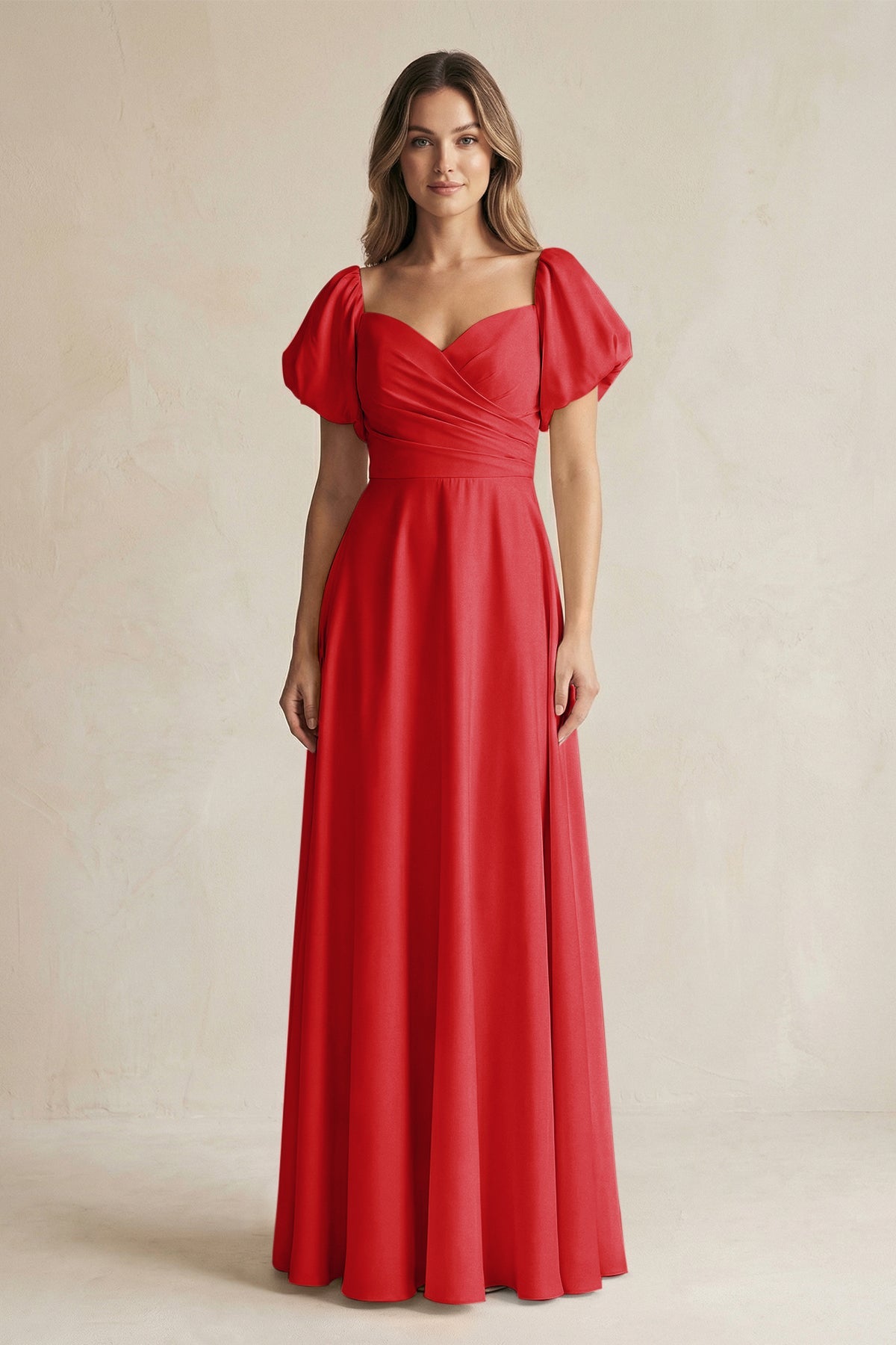 puff chiffon red dress Burgundy Sleeve Bridesmaid L / Burgundy KissProm introduces this bridesmaid dress shaped by soft pleating and airy movement Red A Line Chiffon Dress