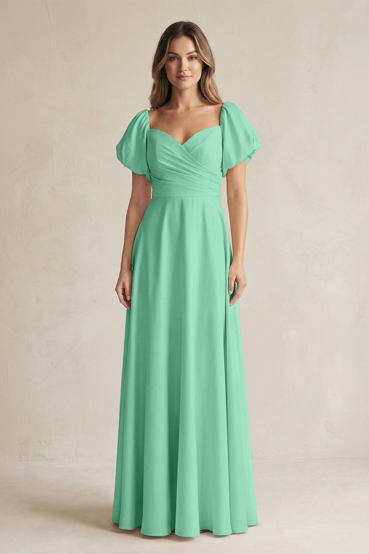 KissProm Sweetheart Puff Sleeve A-Line Chiffon Bridesmaid Dress in Turquoise, Turquoise / 14