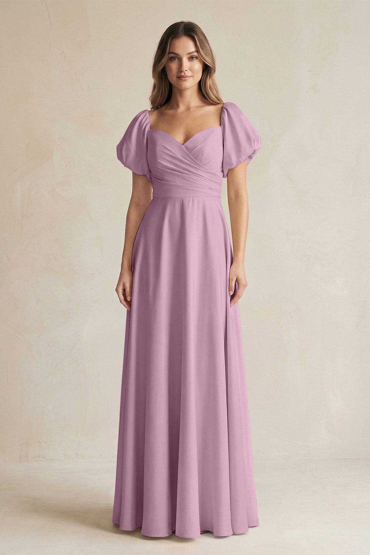 KissProm Sweetheart Puff Sleeve A-Line Chiffon Bridesmaid Dress in Wisteria, Wisteria / Custom Size( Free )