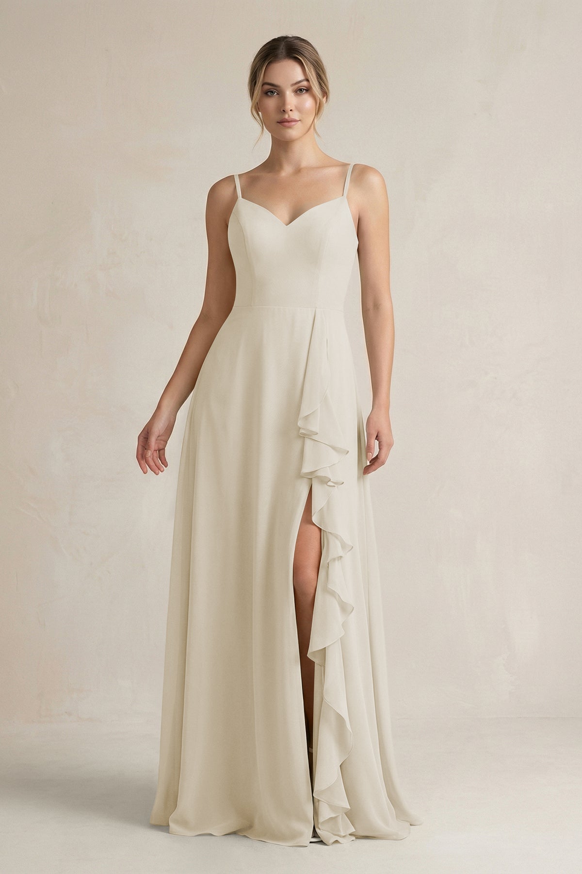 a line sweetheart bridesmaid dress KissProm Ruffled A-Line Chiffon with Slit in Dove Gray, Dove Gray / 4 Adeline – A & Torsolette Size:XL / 10-12 Bridesmaid Dresses (Romantic/Garden Weddings)
