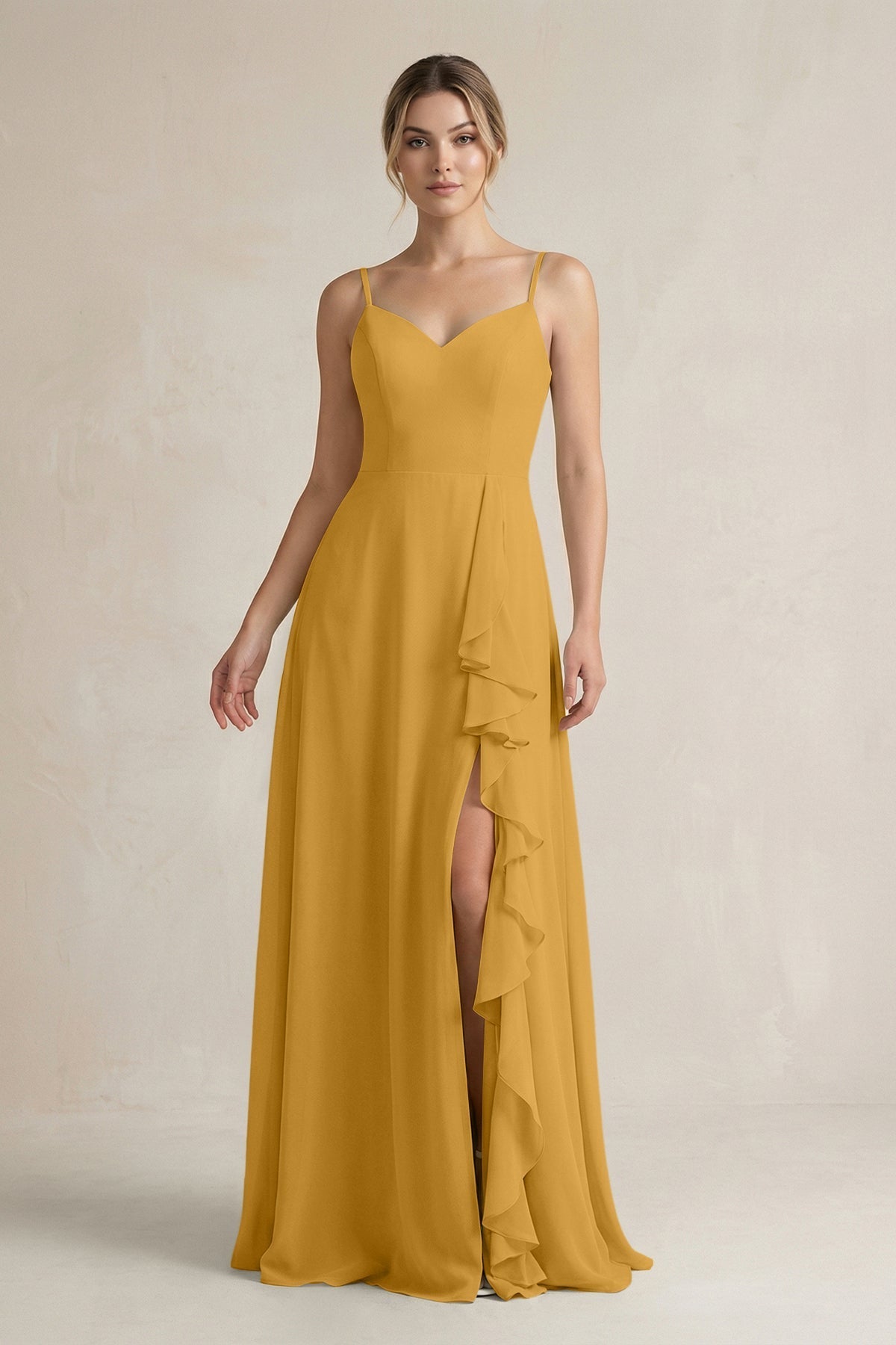 KissProm Sweetheart Ruffled A-Line Chiffon Bridesmaid Dress with Slit in Marigold, Marigold / 10