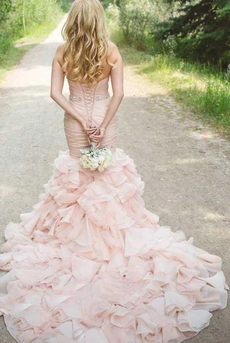 Sweetheart Tiered Train Organza Mermaid Pink Wedding Dress with Beading