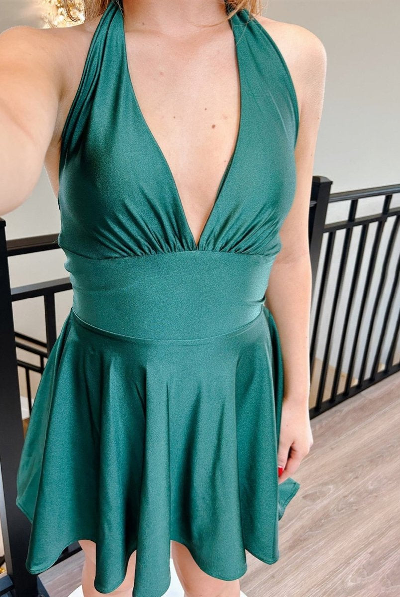 Sylvette | Emerald - Halter A Line Satin Short Homecoming Dress