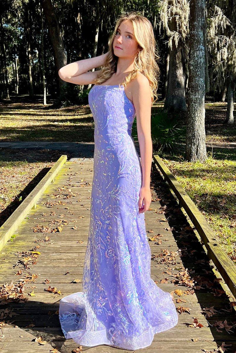 Sylvia | Mermaid Spagehtti Straps Lilac Lace Sequin Long Prom Dresses - KissProm