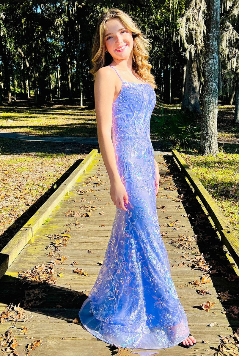Sylvia | Mermaid Spagehtti Straps Lilac Lace Sequin Long Prom Dresses - KissProm