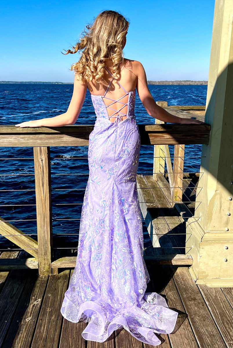 Sylvia | Mermaid Spagehtti Straps Lilac Lace Sequin Long Prom Dresses - KissProm
