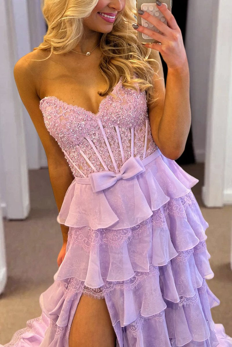 Syrina | Lavender - Strapless A Line Chiffon Tiered Prom Dresses With Bow - KissProm