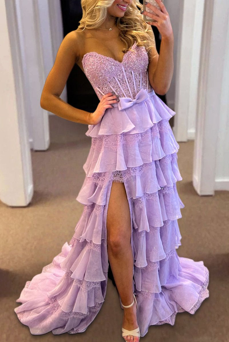 Syrina | Lavender - Strapless A Line Chiffon Tiered Prom Dresses With Bow - KissProm