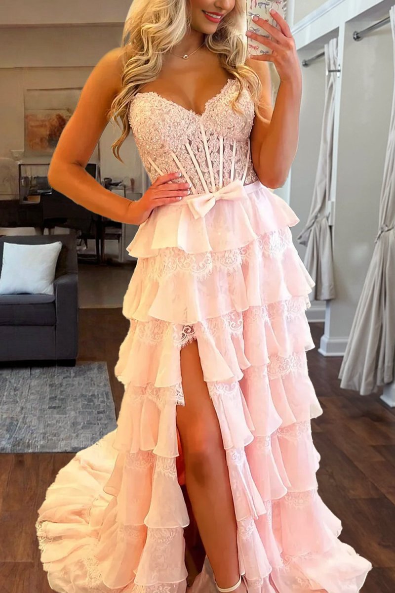 Syrina | Pink - Strapless A Line Chiffon Tiered Prom Dresses With Bow - KissProm