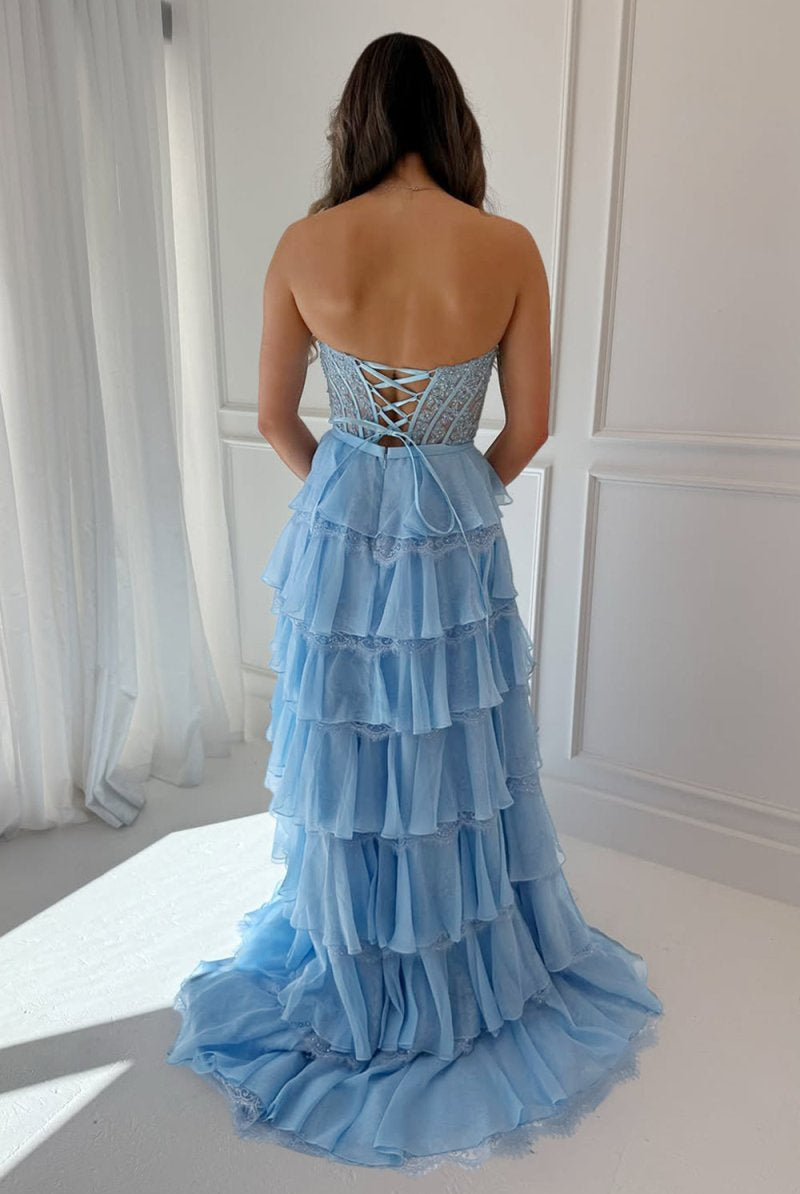 Syrina | Sky Blue - Strapless A Line Chiffon Tiered Prom Dresses With Bow - KissProm