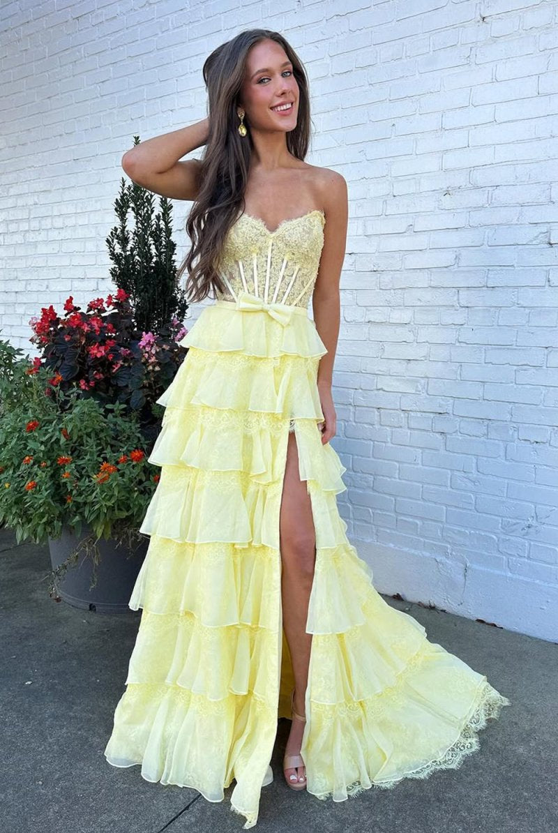 Syrina | Yellow - Strapless A Line Chiffon Tiered Prom Dresses With Bow - KissProm