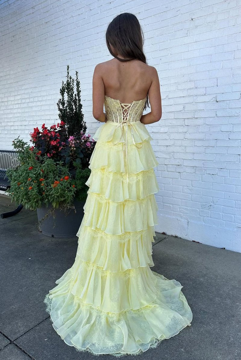 Syrina | Yellow - Strapless A Line Chiffon Tiered Prom Dresses With Bow - KissProm