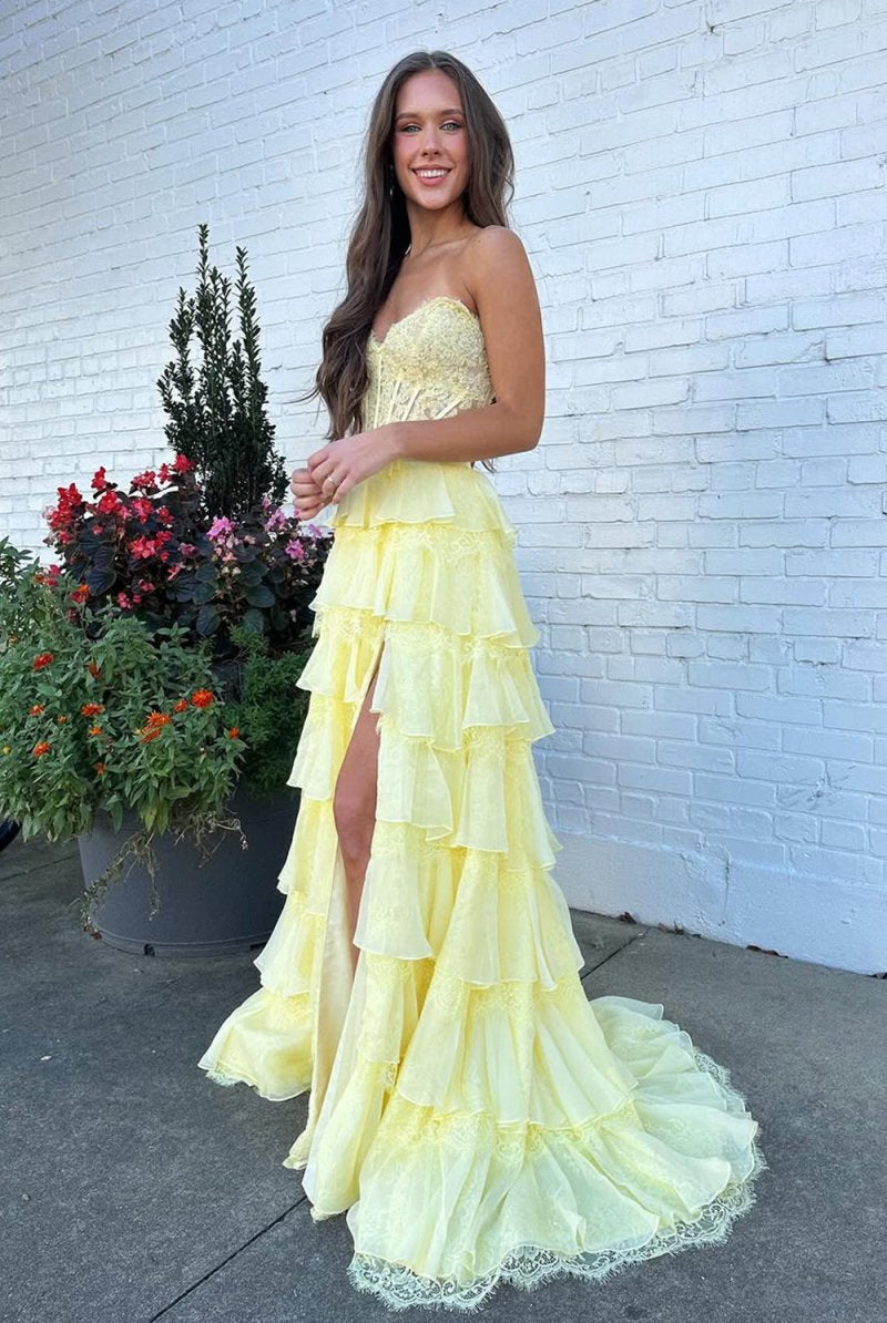 Syrina | Yellow - Strapless A Line Chiffon Tiered Prom Dresses With Bow - KissProm