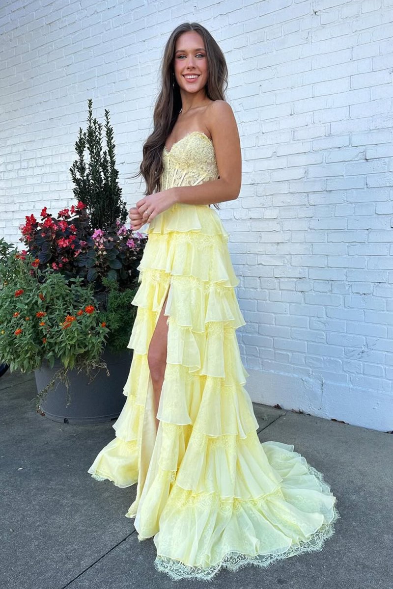 Syrina | Yellow - Strapless A Line Chiffon Tiered Prom Dresses With Bow - KissProm