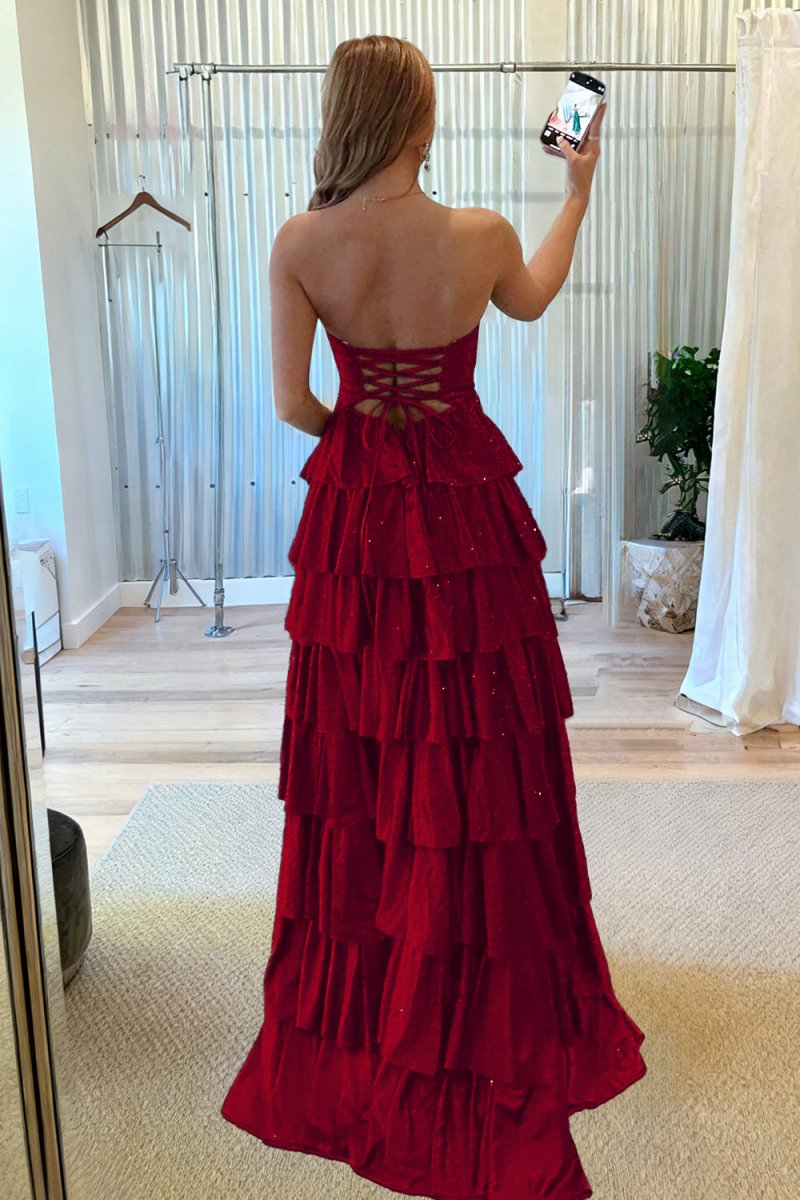 Tahlia | Burgundy - Strapless A Line Satin Beaded Long Prom Dresses With Ruffles-KissProm