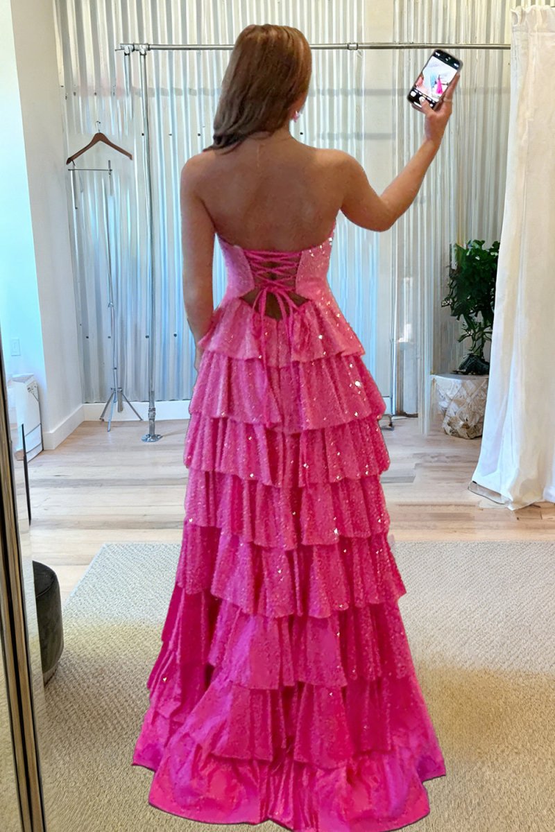 Tahlia | Fuchsia - Strapless A Line Satin Beaded Long Prom Dresses With Ruffles-KissProm