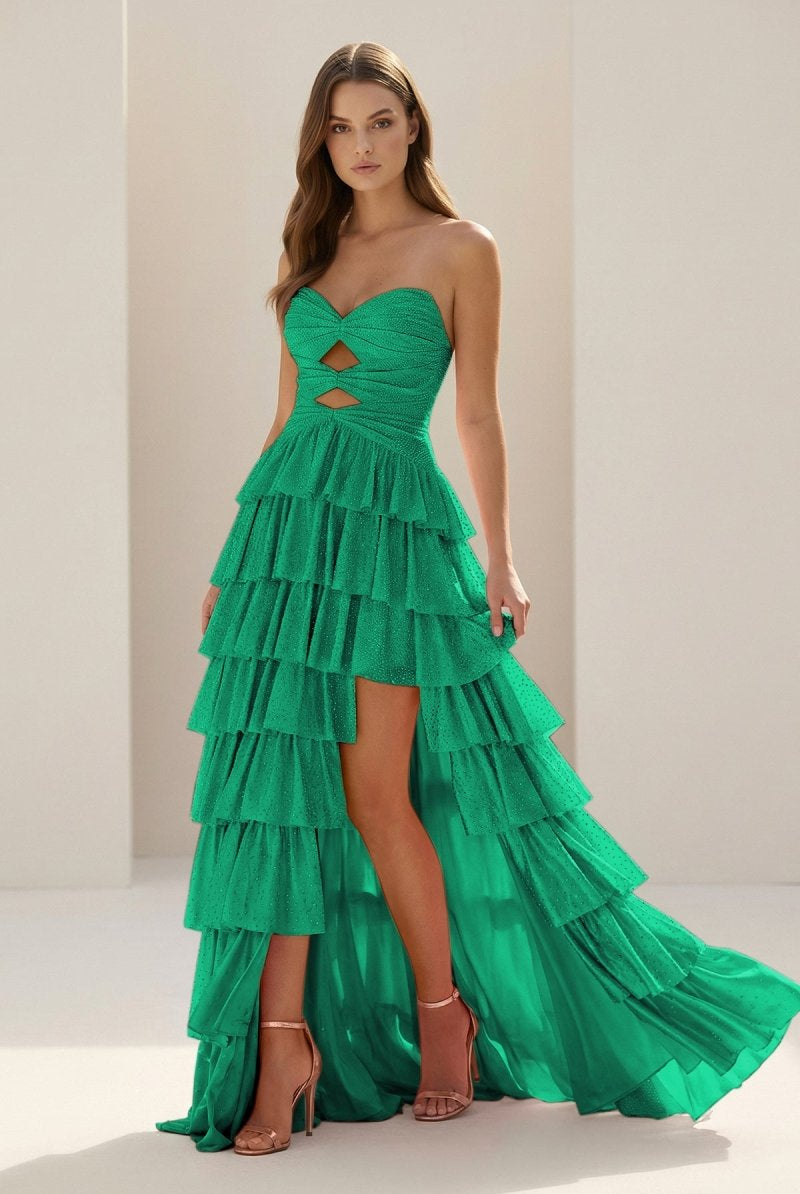 Tahlia | Yellow - Strapless A Line Satin Beaded Long Prom Dresses With Ruffles - KissProm