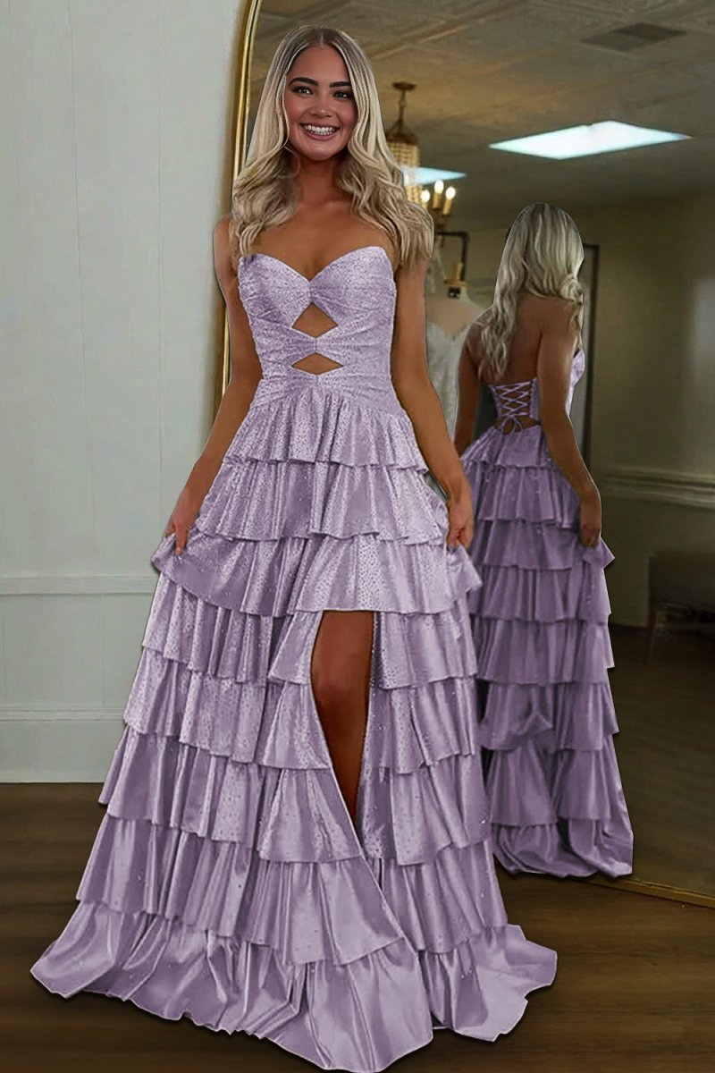 Tahlia | Lavender - Strapless A Line Satin Beaded Long Prom Dresses With Ruffles-KissProm