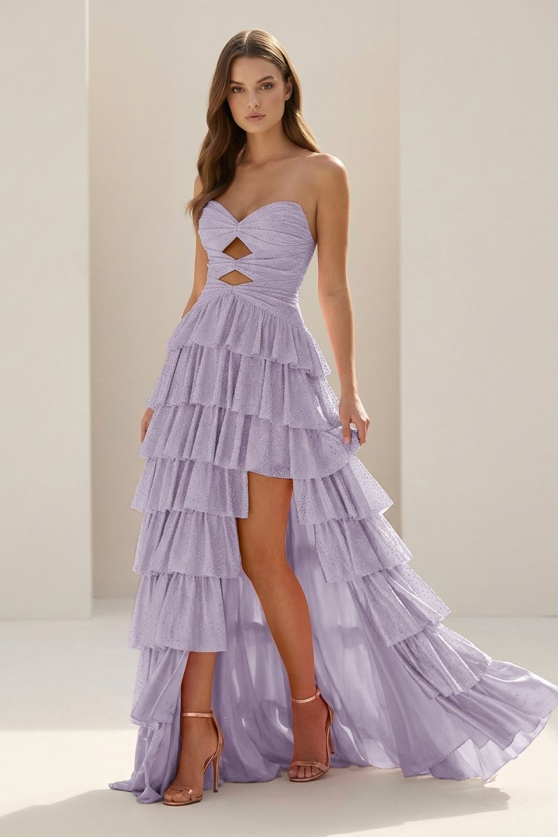 Tahlia | Yellow - Strapless A Line Satin Beaded Long Prom Dresses With Ruffles - KissProm
