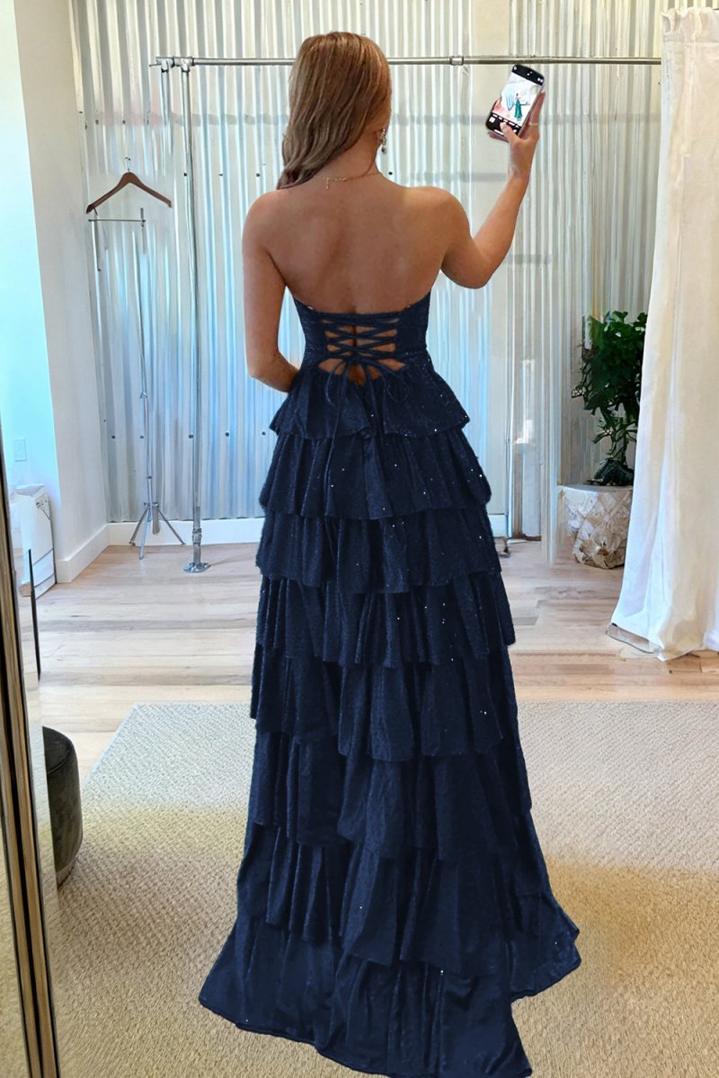 Tahlia | Navy Blue - Strapless A Line Satin Beaded Long Prom Dresses With Ruffles-KissProm