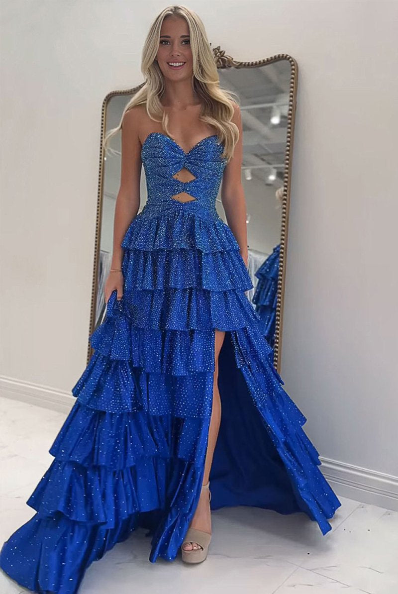 Tahlia | Royal Blue - Strapless A Line Satin Beaded Long Prom Dresses With Ruffles - KissProm