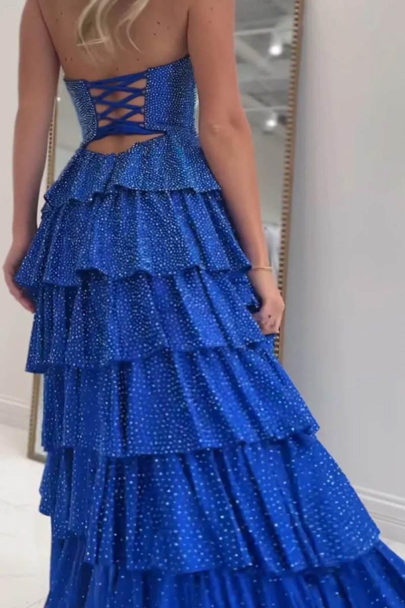 Tahlia | Royal Blue - Strapless A Line Satin Beaded Long Prom Dresses With Ruffles - KissProm