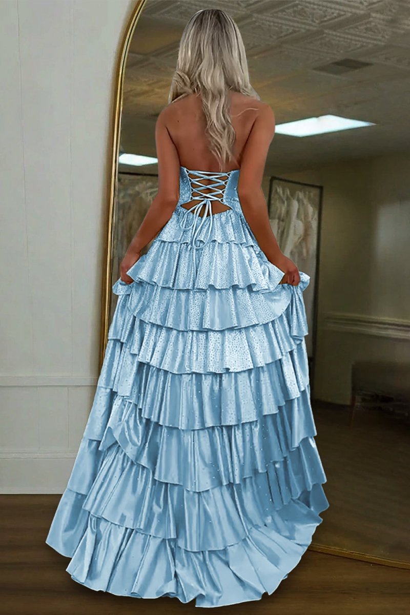 Tahlia | Sky Blue - Strapless A Line Satin Beaded Long Prom Dresses With Ruffles-KissProm