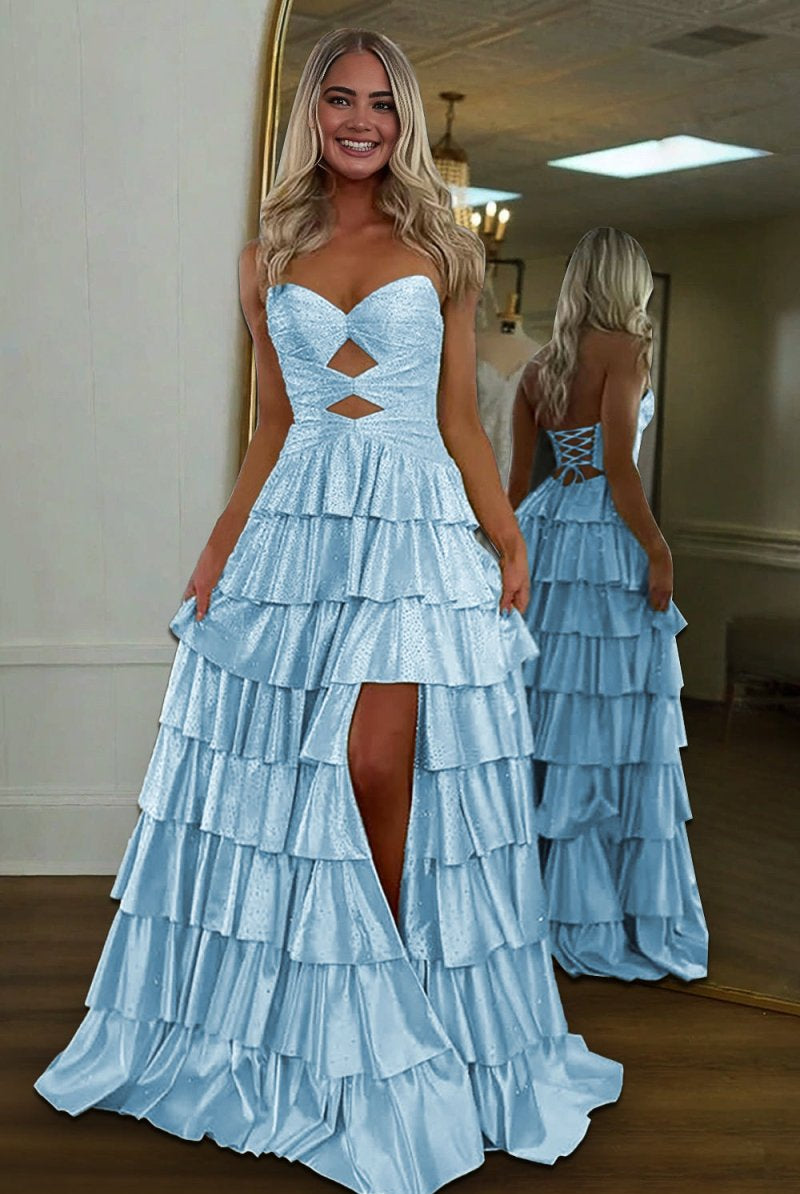 Tahlia | Yellow - Strapless A Line Satin Beaded Long Prom Dresses With Ruffles - KissProm