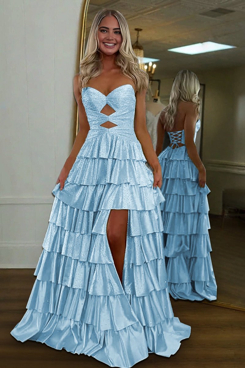 Tahlia | Sky Blue - Strapless A Line Satin Beaded Long Prom Dresses With Ruffles-KissProm