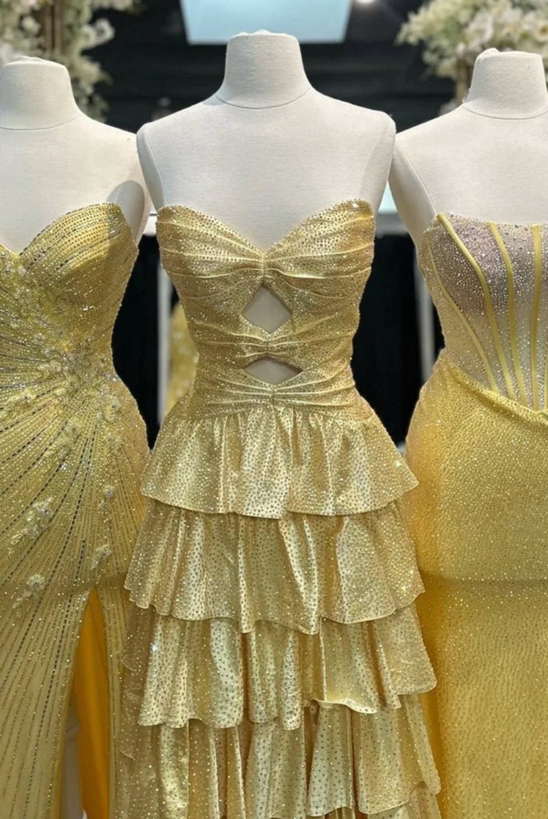 Tahlia | Yellow - Strapless A Line Satin Beaded Long Prom Dresses With Ruffles - KissProm
