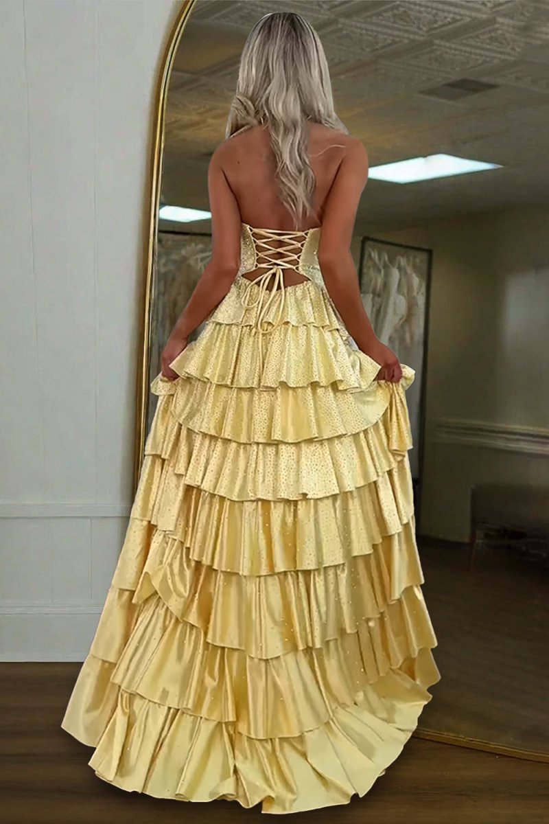 Tahlia | Yellow - Strapless A Line Satin Beaded Long Prom Dresses With Ruffles - KissProm