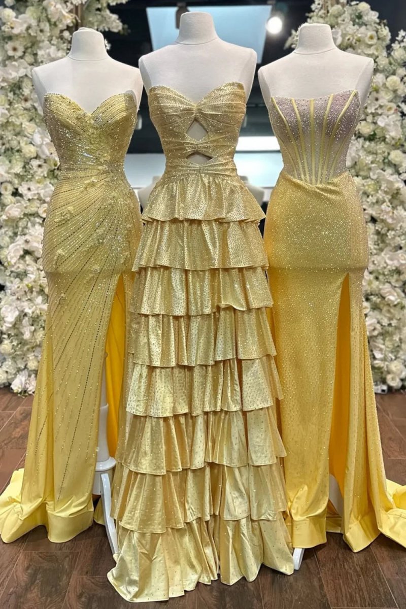 Tahlia | Yellow - Strapless A Line Satin Beaded Long Prom Dresses With Ruffles - KissProm
