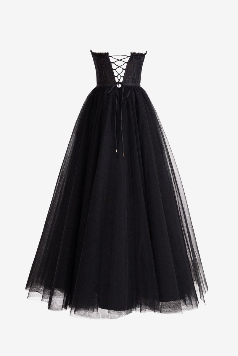 Talia | Black A Line Sweetheart Corset Tulle Prom Dress with Slit - KissProm