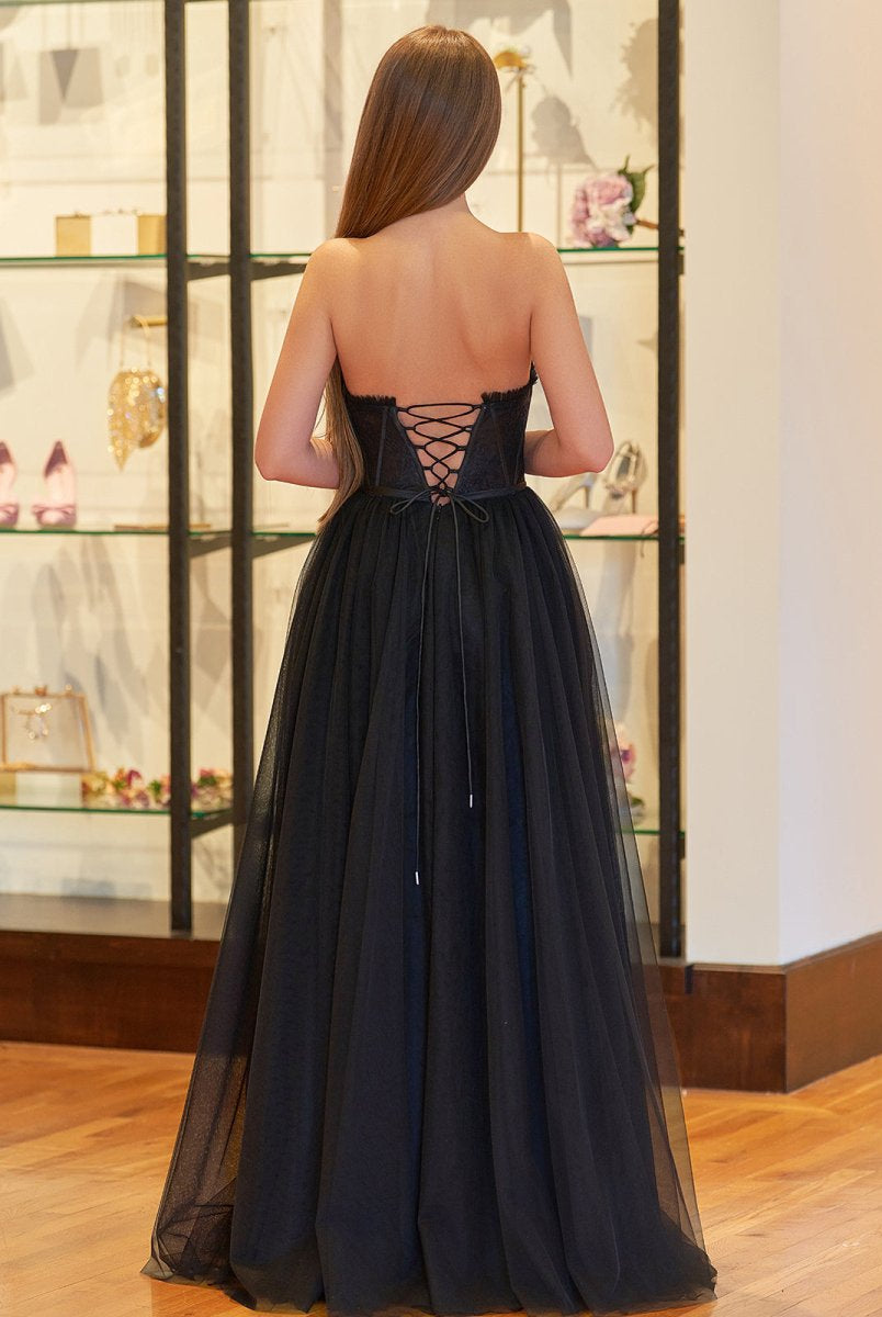 Talia | Black A Line Sweetheart Corset Tulle Prom Dress with Slit - KissProm