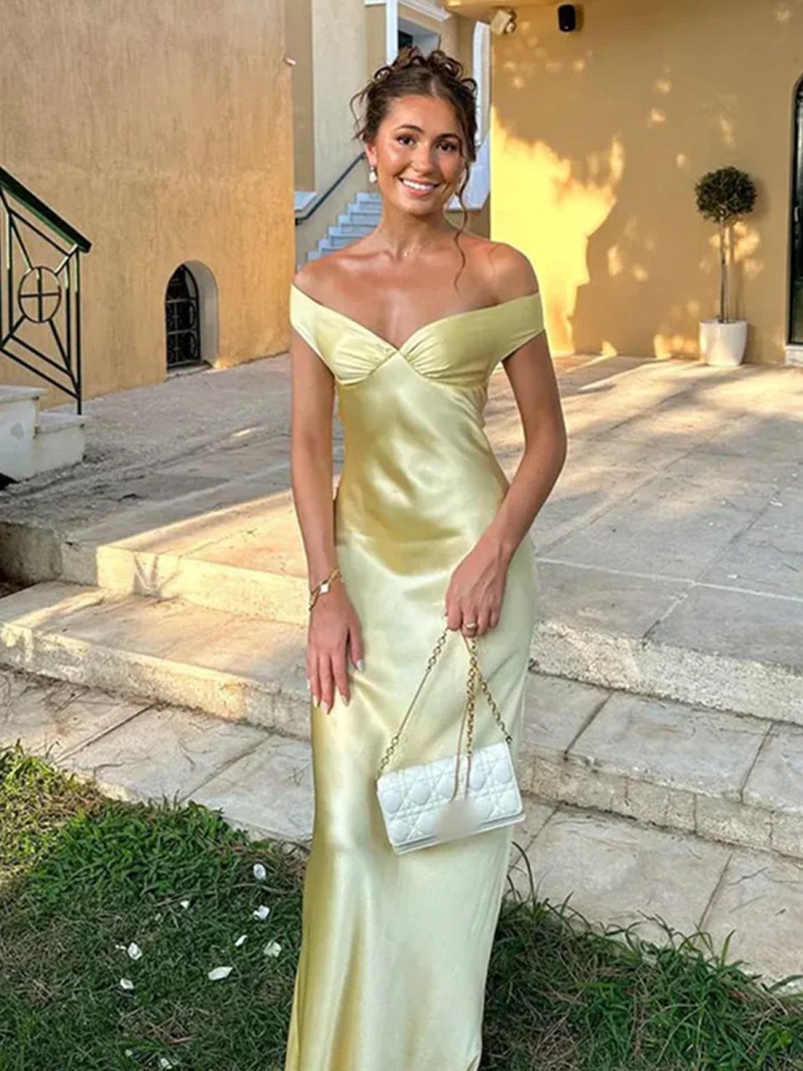 KissProm-Talulla Yellow Off The Shoulder Sheath Satin Long Prom Dress