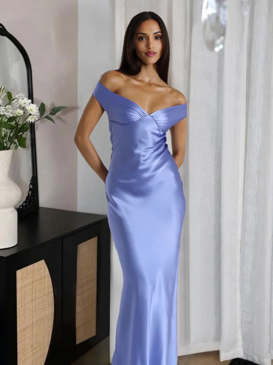 KissProm-Talulla Dusty Blue Off The Shoulder Sheath Satin Long Prom Dress