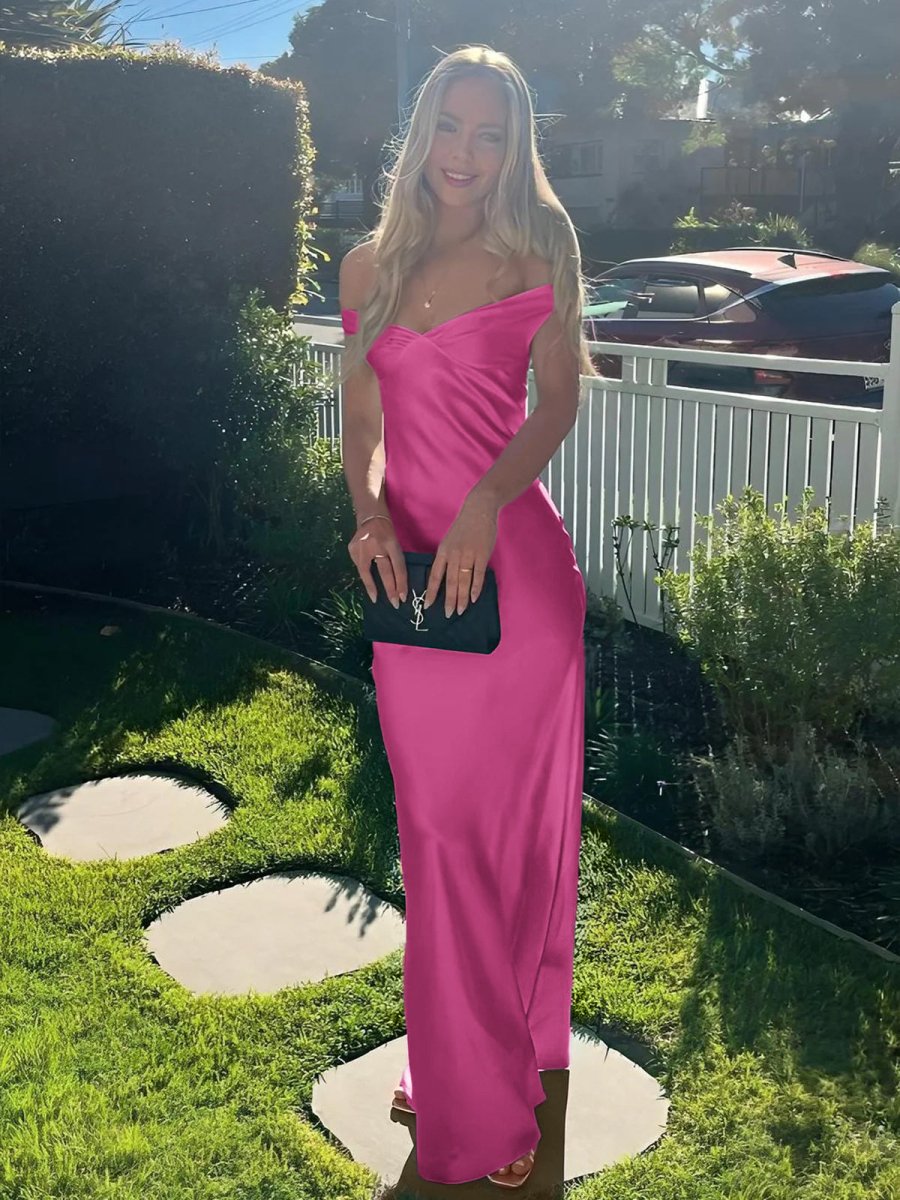 KissProm-Talulla Fuchsia Off The Shoulder Sheath Satin Long Prom Dress