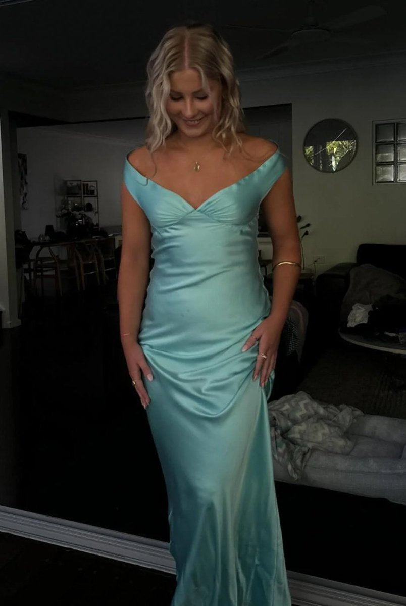 Talulla | Aqua Off The Shoulder Sheath Satin Long Prom Dress
