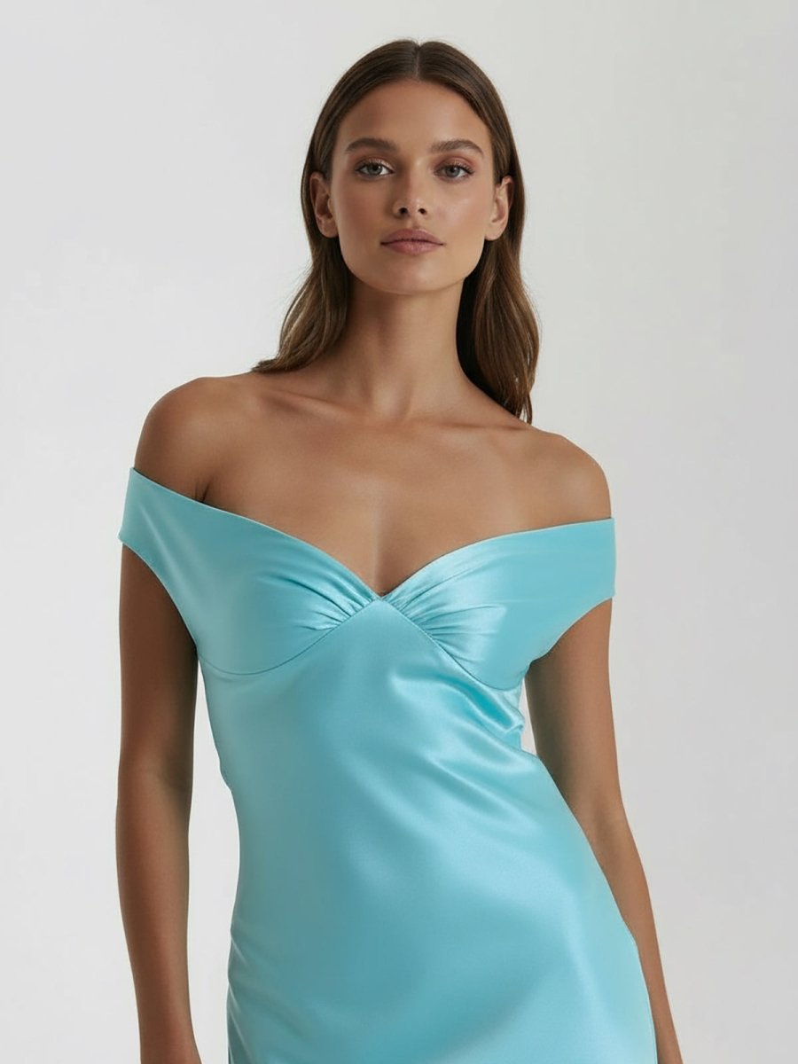 KissProm-Talulla Aqua Off The Shoulder Sheath Satin Long Prom Dress