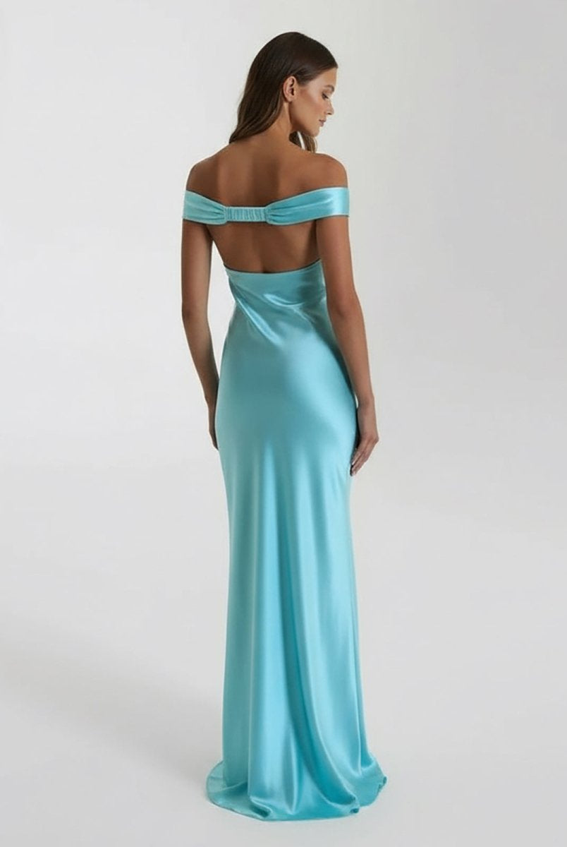Talulla | Aqua Off The Shoulder Sheath Satin Long Prom Dress - KissProm