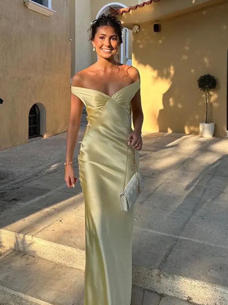 KissProm-Talulla Yellow Off The Shoulder Sheath Satin Long Prom Dress