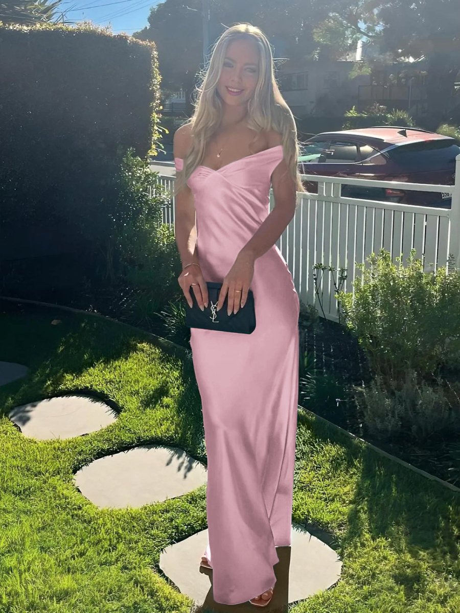 KissProm-Talulla Pink Off The Shoulder Sheath Satin Long Prom Dress