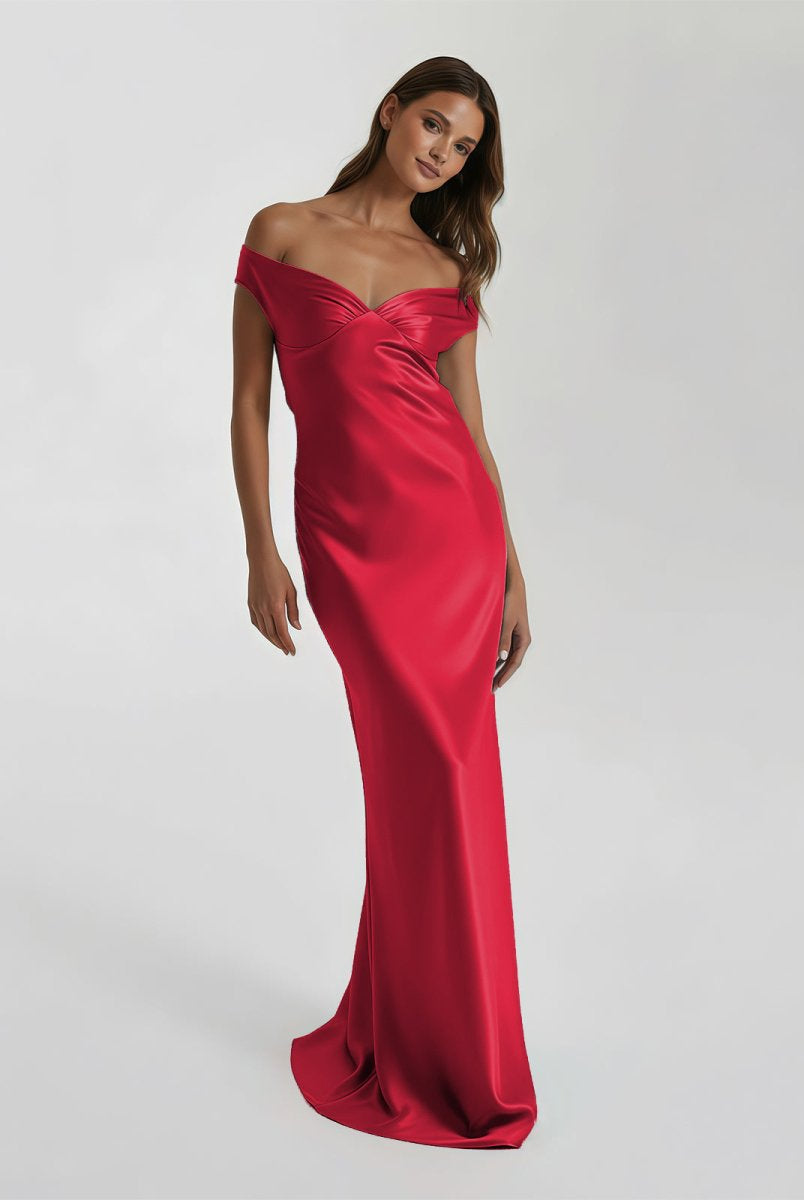 Talulla | Aqua Off The Shoulder Sheath Satin Long Prom Dress - KissProm