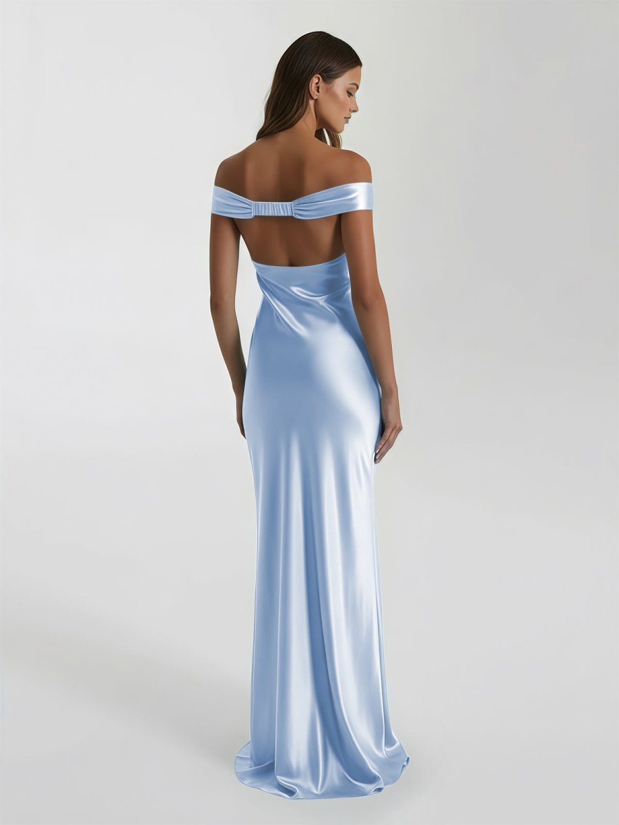 Talulla | Aqua Off The Shoulder Sheath Satin Long Prom Dress - KissProm