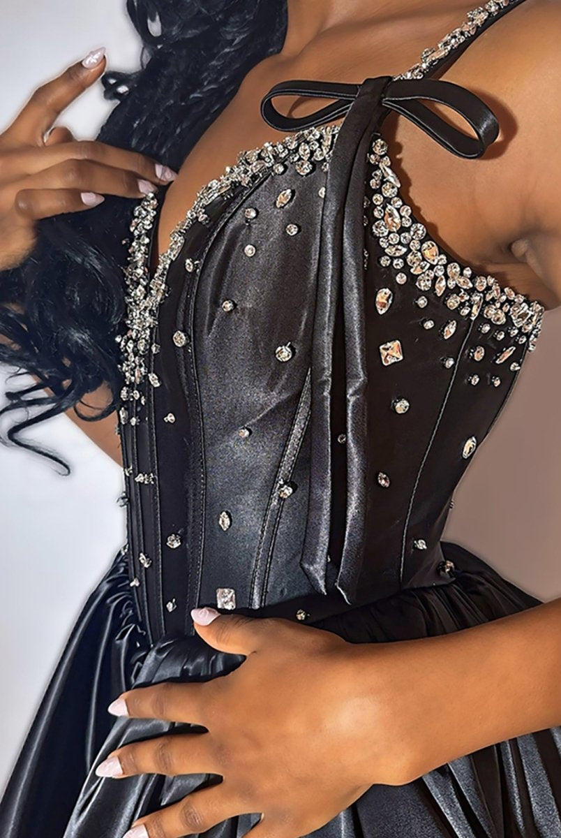 Talyssia | Black - Spaghetti Straps A Line Satin Beaded Homecoming Dresses With Bow