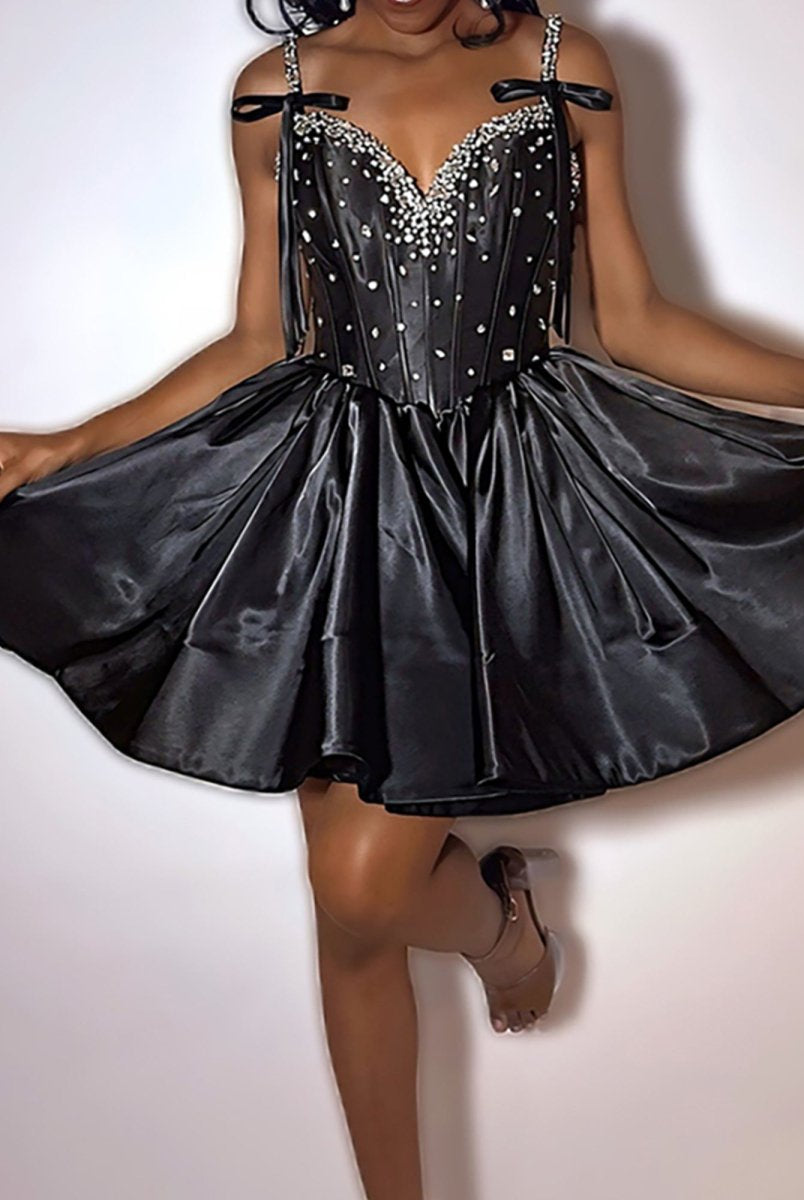 Talyssia | Black - Spaghetti Straps A Line Satin Beaded Homecoming Dresses With Bow